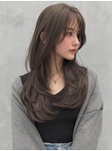 顔まわりレイヤー/ロングレイヤー/透けバング/グレーアッシュ