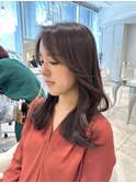 韓国風前髪/くびれヘア/くびれ巻き/ミディアム/こっくりブラウン