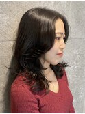 海外風レイヤーロングミディアムハッシュカットデシタルパーマ
