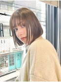前髪あり切りっぱなしボブ パーマ オリーブベージュ t127