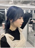 レイヤーロングセミディ顔周りカット小顔カットネイビーグレー