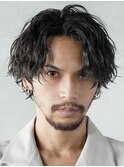 渋谷波巻きパーマメンズマッシュウルフセンターパートカット