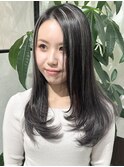 顔周りレイヤーカットハイライトグレージュオリーブ韓国風堺東
