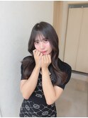 小顔薄めバンググレージュレイヤーロング前髪パーマ黒髪