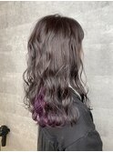 インナーカラー_グレージュ_パープル_大人ウェーブミディ