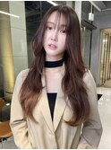 ハイレイヤー　韓国ウェーブ　透け感バング　ピンクブラウン