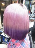 ラベンダーピンクから紫グラデーションパッツンボブ