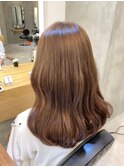 小顔セミウェットウェーブピンクベージュハイライトカラー