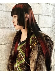 姫カット　黒髪ロング　ケアブリーチ　デザインカラー