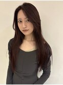 ブリーチなし チェリーレッド レッドカラー ロング 前髪なし