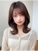 韓国風レイヤー/外ハネくびれ/ミディアムレイヤー/ぱっつん前髪