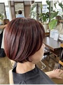 大人ショートボブ 大人ハイライト ルビーカラー