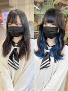 ディア(.eer) 黒髪×シールエクステインナーカラー×ブルーアッシュ/心斎橋