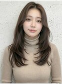 グレージュブラウン顔周りワンホンレイヤーロング20代30代A20