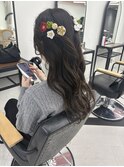 ハーフアップフェミニンロングウェーブ着物ヘア卒業式
