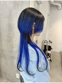 ○青髪ブルーブラックロングウルフレイヤーカットクラゲウルフ