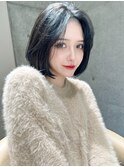 地毛風カラー黒髪切りっぱなしボブ/小顔ショートボブ/博多