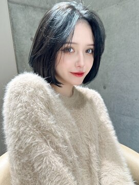 ロンドミラー 博多店(Lond Mirror) 地毛風カラー黒髪切りっぱなしボブ/小顔ショートボブ/博多