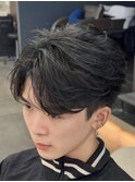 韓国へアカルマパーマワックスなしセンターパート黒髪ウルフ
