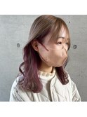 ピンクイヤリングカラー×ゆるふわウェーブ巻きミディアムヘア