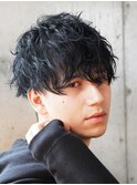 原宿メンズマッシュウルフ無造作シャドウパーマツーブロック黒髪