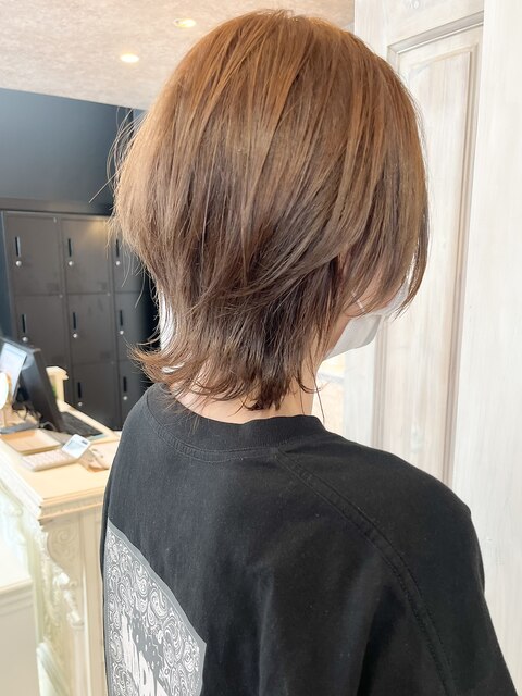 福山人気ウルフヘア酸性縮毛矯正ブリーチなしミルクティベージュ