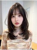 顔周りレイヤーロング前髪カットおくれ毛グレージュ_ba556621
