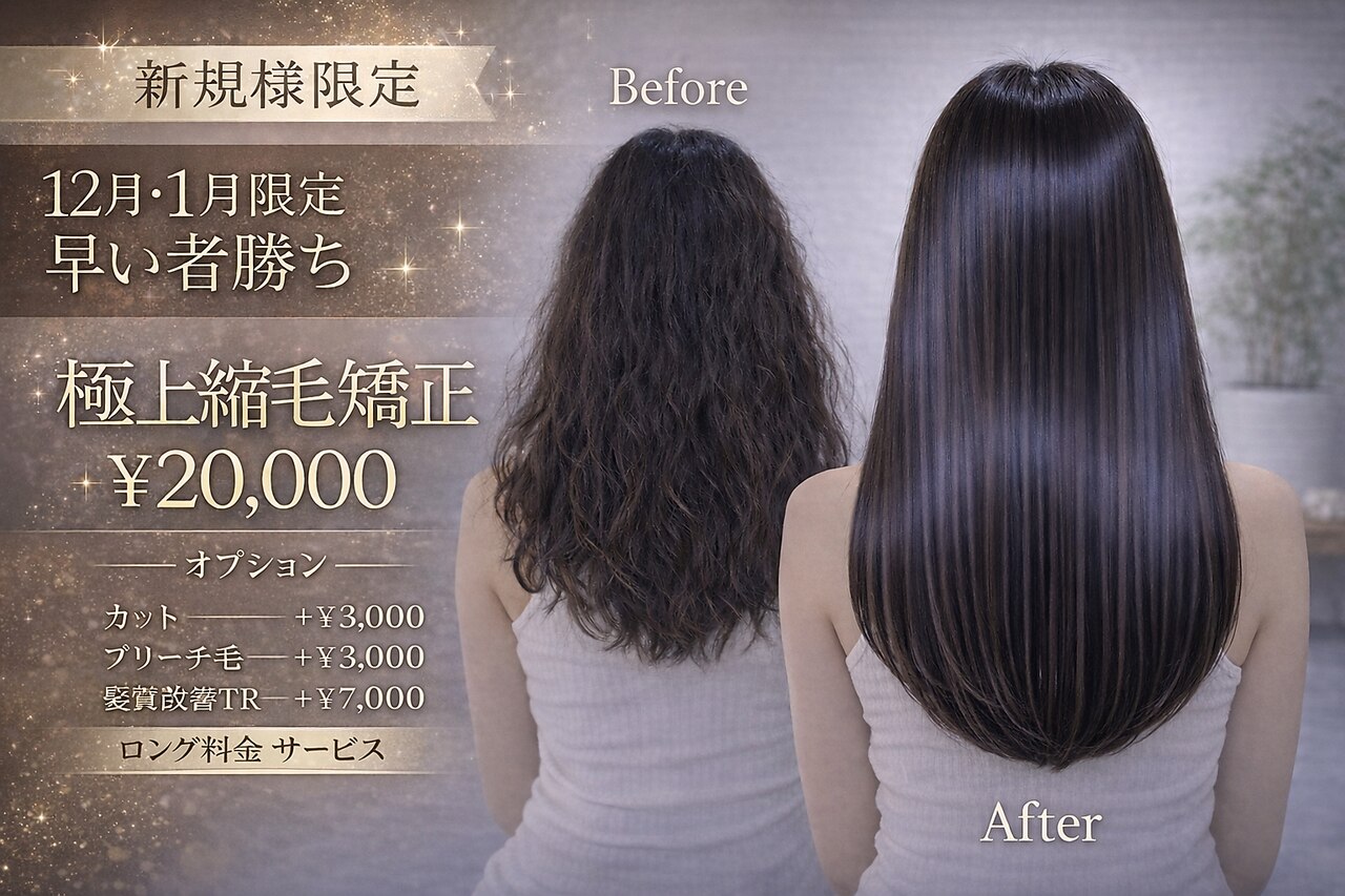 【初回限定】極上縮毛矯正｜丁寧カウンセリング￥20000+オプション料金