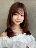 グレージュブラウン/ミディアムレイヤー/韓国巻き/顔周りカット
