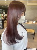 小顔ロングレイヤー艶カラー透明感ピンクブラウンカラー