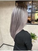 バレイヤージュ、ハイライト、レイヤーロング、グレーベージュ