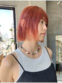 オレンジカラー マチルダボブ パッツン ブリーチ