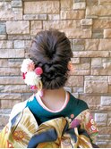 成人式前撮り編みおろしダウンヘアアレンジ 着物 袴スタイル