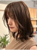 小顔レイヤーロブヘアウルフカットブリーチなしココアブラウン