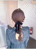 編みおろし　参列ヘア　ベロアリボン