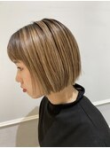 (銀座)ミニボブ ハイライト ベージュ 白髪ぼかし
