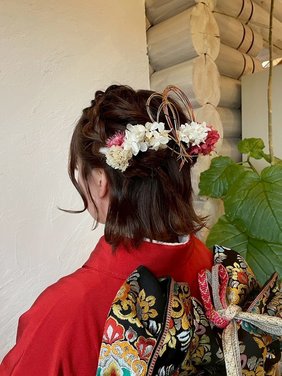 和装成人式ヘアセットハーフアップボブ水引きヘアアレンジ：L263681004