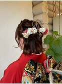 和装成人式ヘアセットハーフアップボブ水引きヘアアレンジ