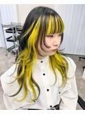 ロングウルフ　インナーカラー　イエロー　デザインカラー