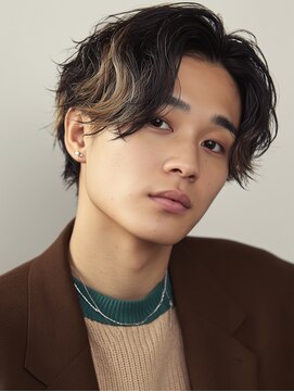 カットもパーマもイケメンパラダイス Men's天王寺 柔束ウォーブマッシュ × ブラウンハイライト