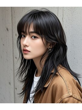 ミルクティーベージュウルフパーマミディアムヘア50代髪型