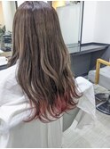 ロング×グレージュ×裾ピンク