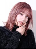 似合わせカット小顔前髪ハイトーンセミディピンクベージュ