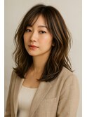 ハイライトヘア  ミディアムレイヤー 顔まわりカット 銀座