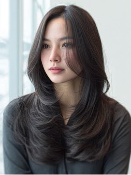 ダル 渋谷/表参道(DAL.) 大人ダークグレイ顔周りレイヤーカーテンバングセンターパート