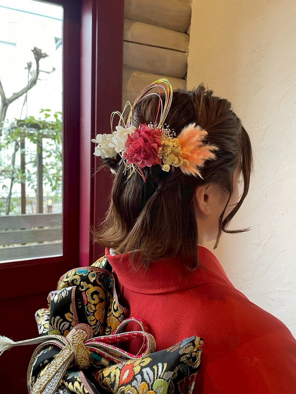 和装成人式ヘアセットハーフアップボブ水引きヘアアレンジ：L263681004