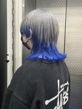 ホワイト 梅田(white) #メンズロングウルフ/シルバー×ブルー/中性ウルフ