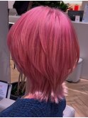 髪質改善ハイトーンピンクウルフボブ
