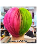 美容室キャンディー ベルベット(Candy Velvet) 黄緑ピンクの真っ二つートンショート