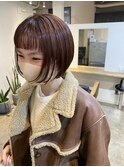 ショートバングボブ　ピンクブラウン